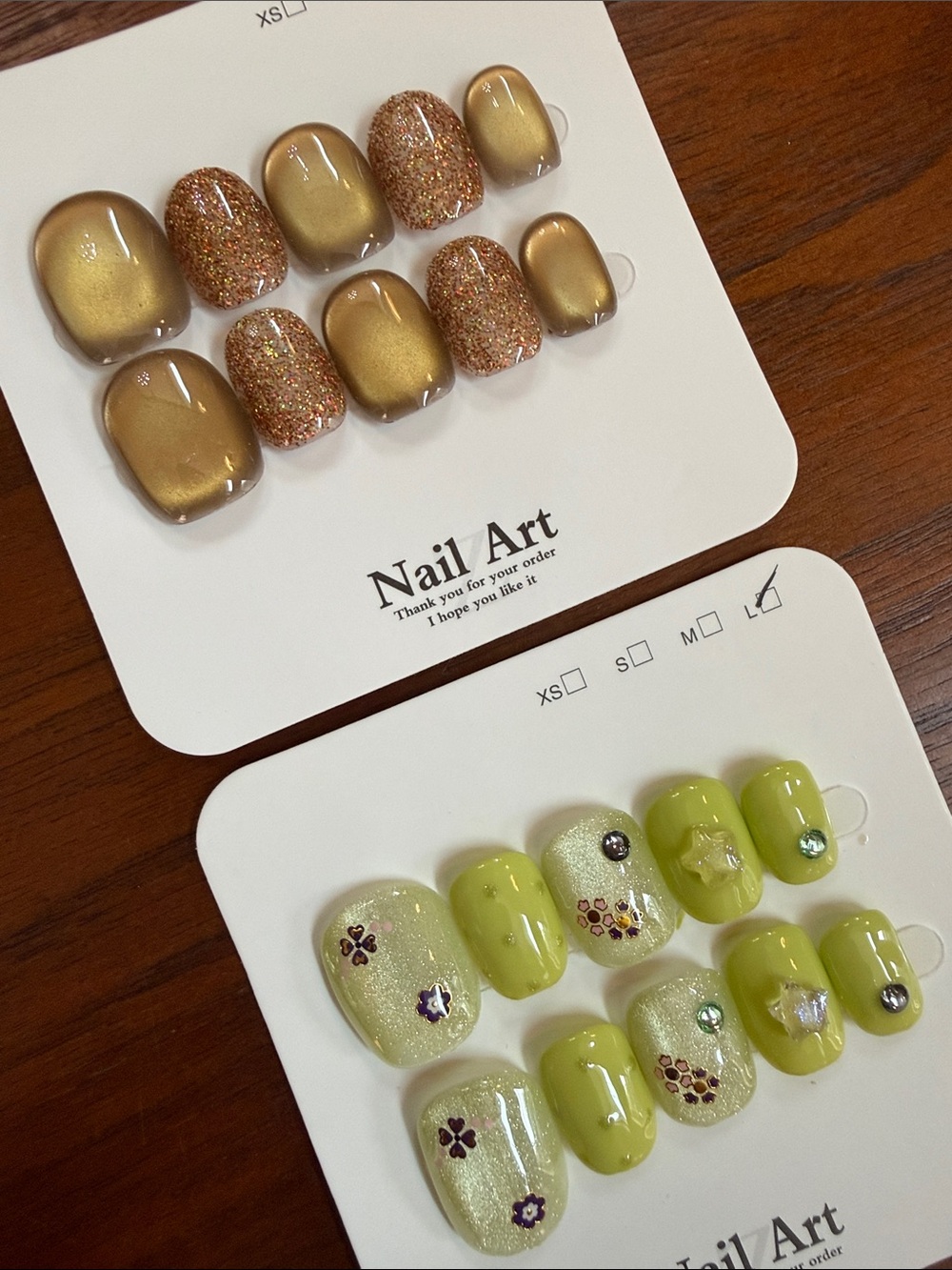 3D Gold & Glitter Press-On Nails + Lime Green Gem Accents Cat Eye - Short large